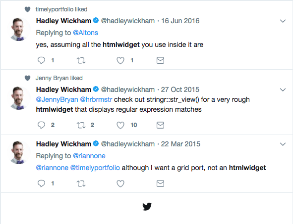 screenshot of tweets from Hadley Wickham including the phrase htmlwidgets